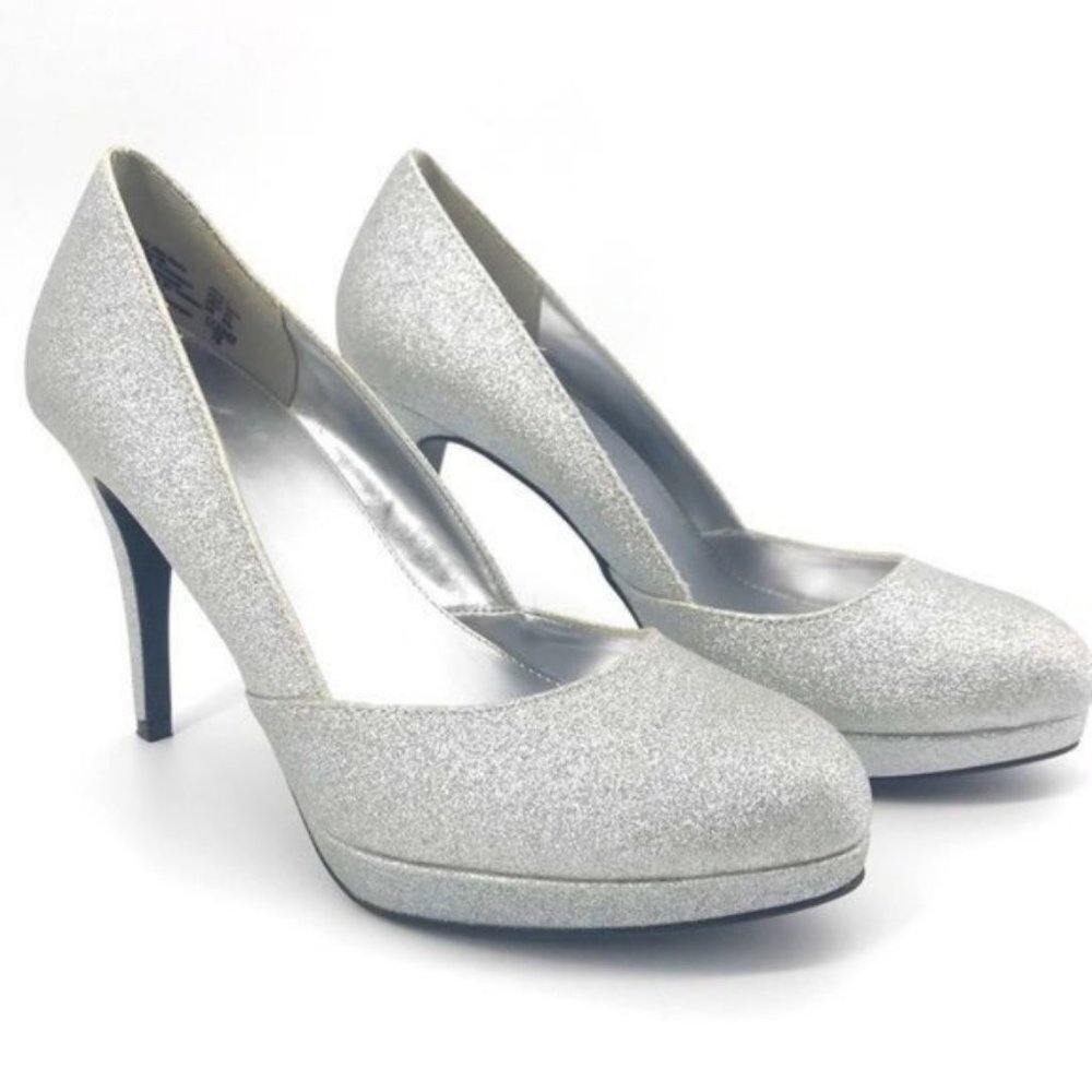 Fioni Jive Platform Round Toe Silver Glitter Pumps Heels Shoes Size 7
